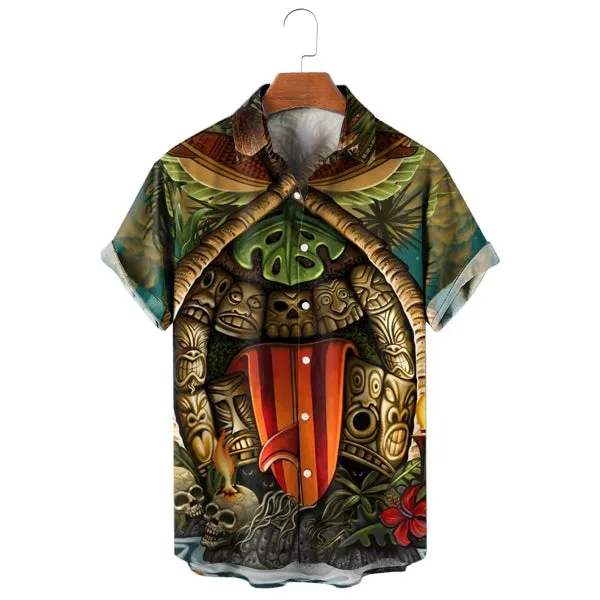 Tiki Mask Skull Print Lapel Shirt 12407156X sold by Manly