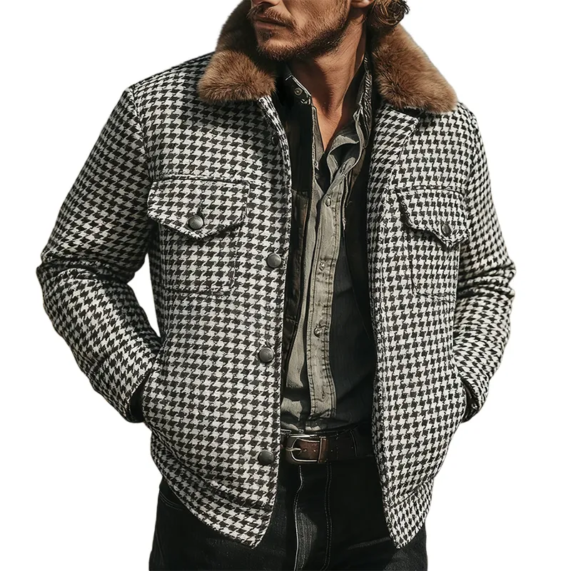Men's Retro Casual Houndstooth Fur Collar Jacket MTA2580K6TO sold by Manly