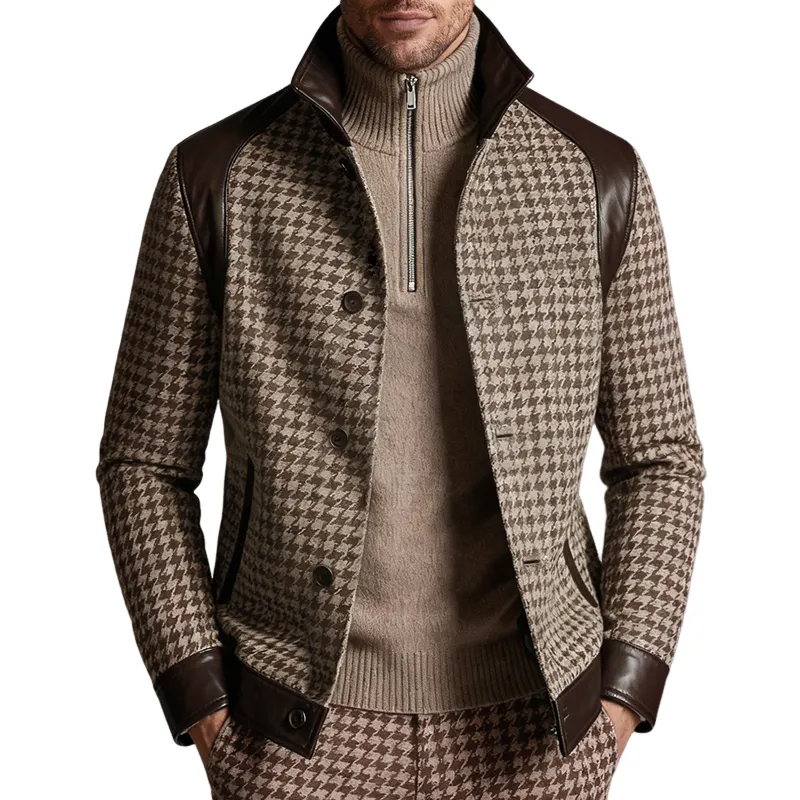 Men's Retro Casual Houndstooth PU Patchwork Stand Collar Jacket MTA2494K8TO sold by Manly