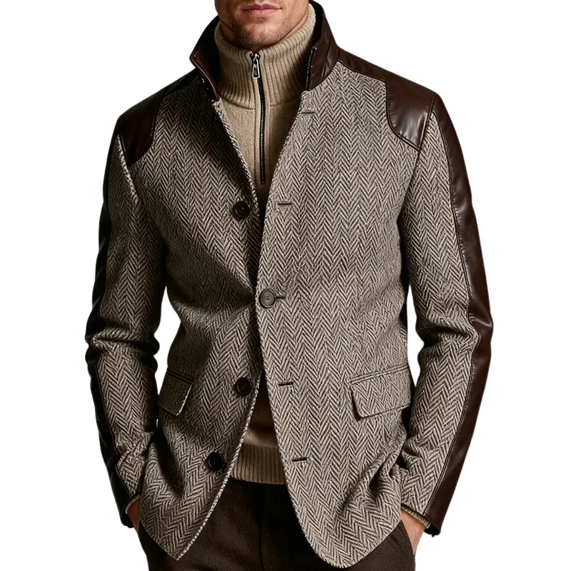 Men's Retro Casual Herringbone PU Patchwork Stand Collar Jacket MTA2477K2TO sold by Manly