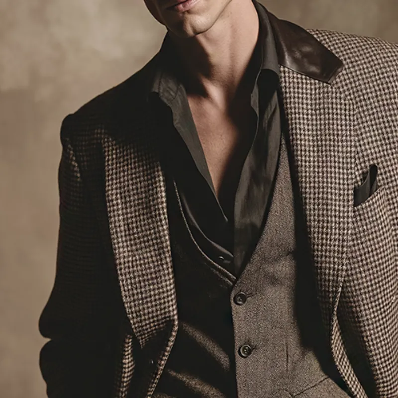 Men's Retro Casual Plaid PU Patchwork Blazer MTA2455K3TO sold by Manly product image thumbnail 3