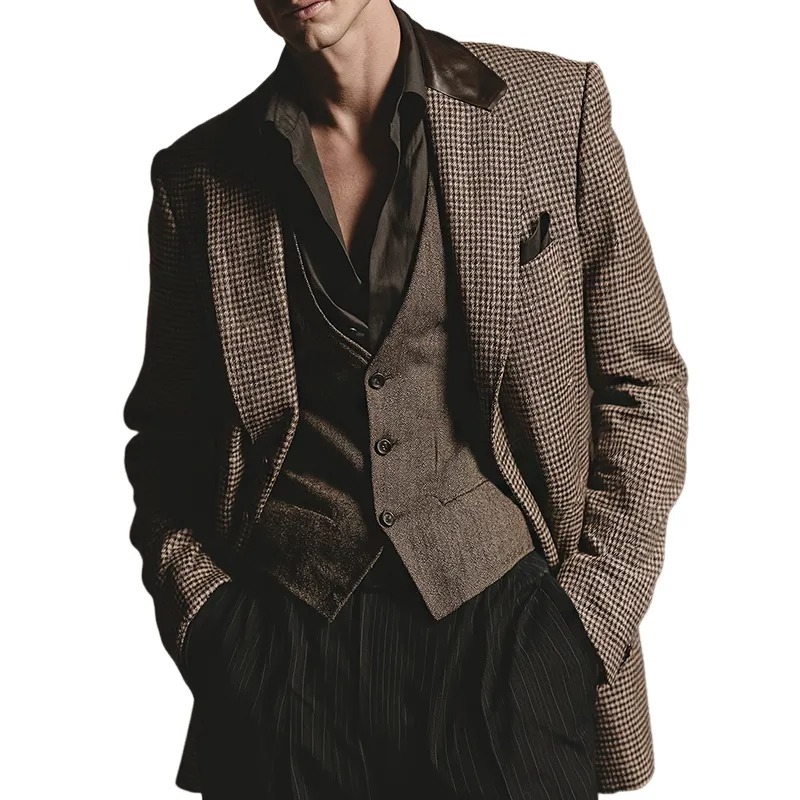 Men's Retro Casual Plaid PU Patchwork Blazer MTA2455K3TO sold by Manly