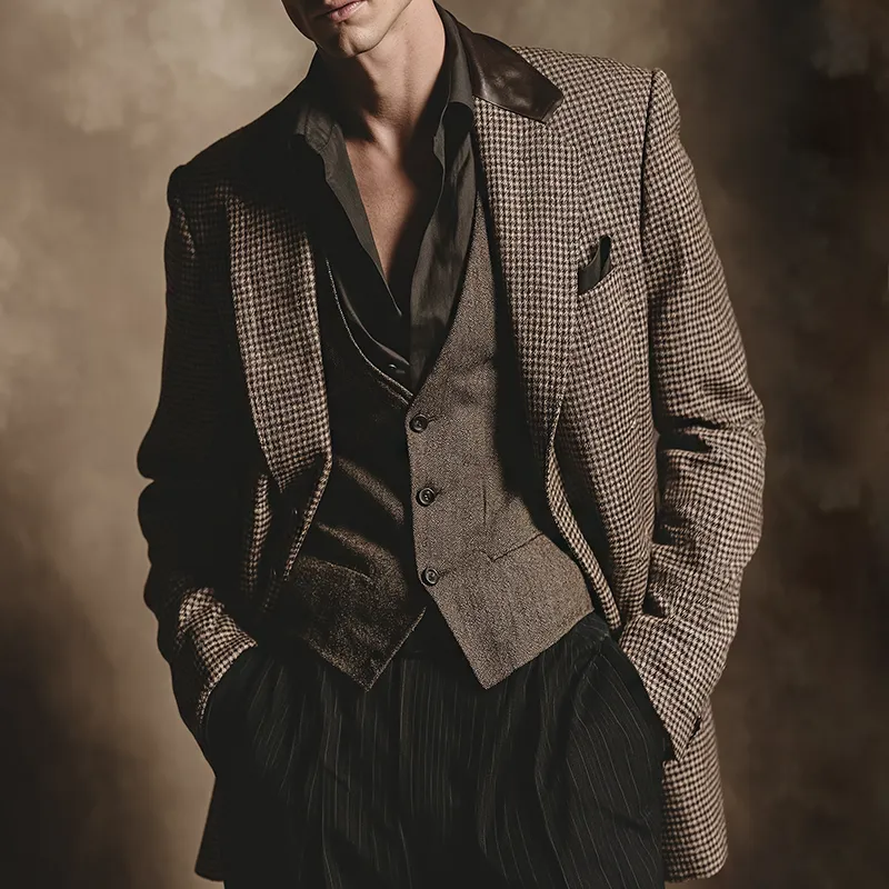 Men's Retro Casual Plaid PU Patchwork Blazer MTA2455K3TO sold by Manly product image thumbnail 2