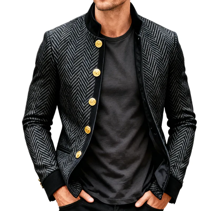 Men's Retro Casual Herringbone Velvet Patchwork Stand Collar Jacket MTA2497K4TO sold by Manly
