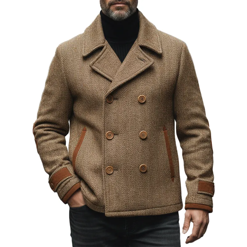 Men's Winter Herringbone Faux Wool Faux Suede Double-Breasted Jacket MTA2108K2P sold by Manly