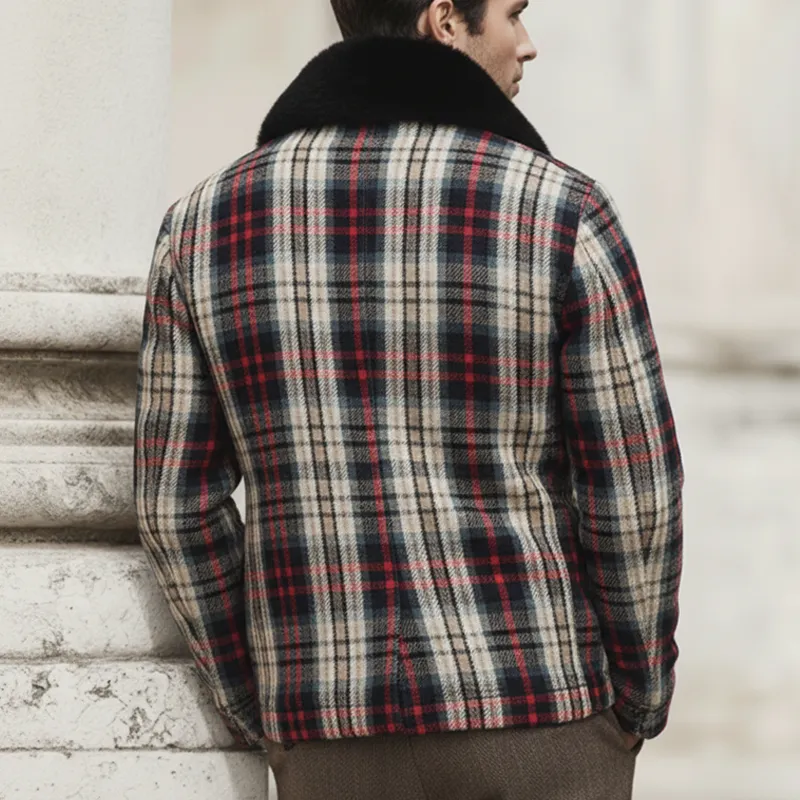 Men's Classic Color-block Plaid Fur Collar Single-slit Zipper Jacket MTA2501K9U sold by Manly product image thumbnail 4