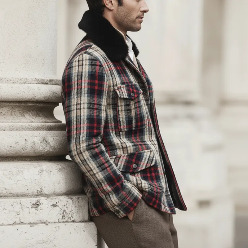 Men's Classic Color-block Plaid Fur Collar Single-slit Zipper Jacket MTA2501K9U sold by Manly product image thumbnail 3