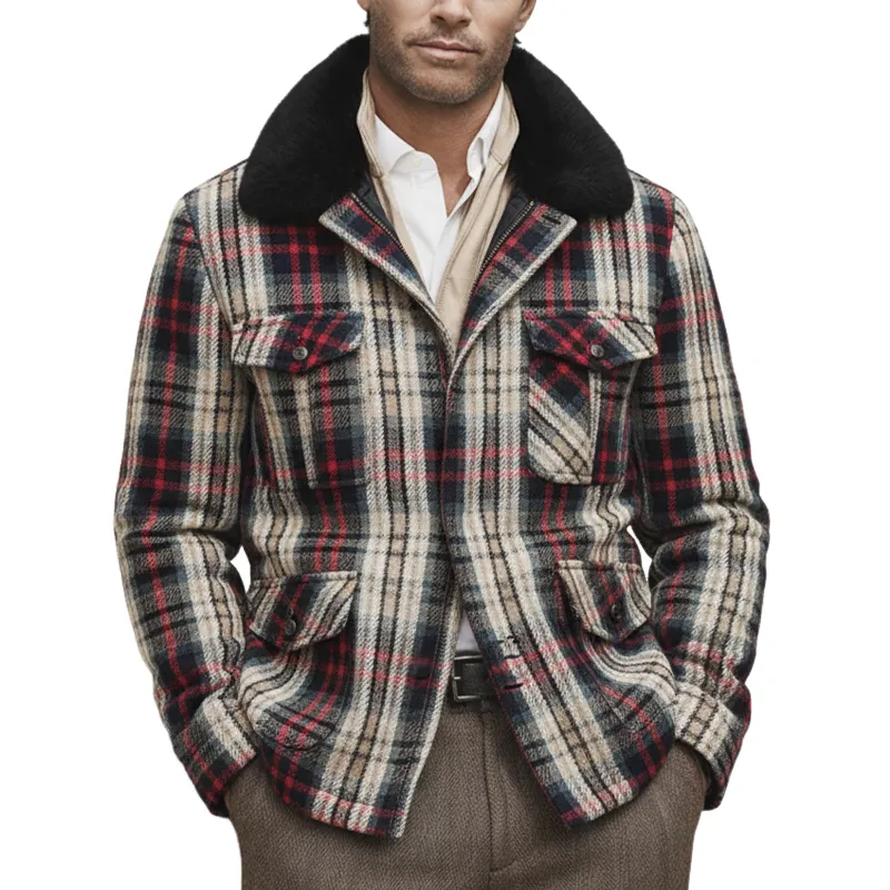Men's Classic Color-block Plaid Fur Collar Single-slit Zipper Jacket MTA2501K9U made by Manly