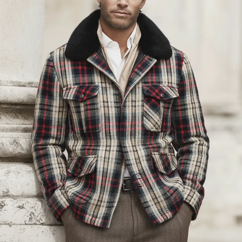 Men's Classic Color-block Plaid Fur Collar Single-slit Zipper Jacket MTA2501K9U sold by Manly product image thumbnail 2