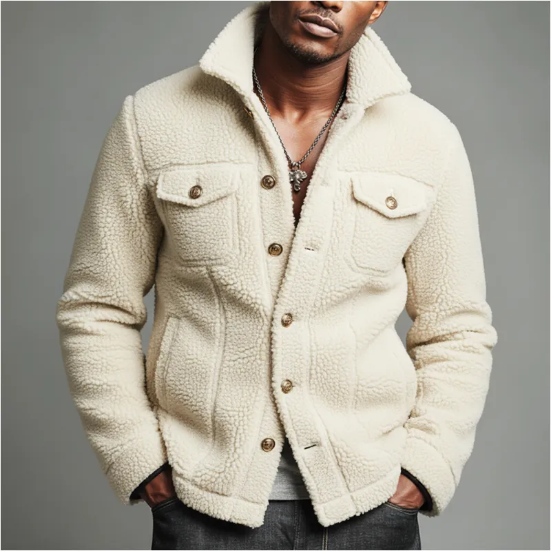 Men's Urban Style Off-white Fleece Button-up Slim-fit Jacket MTA2541K5U sold by Manly product image thumbnail 2
