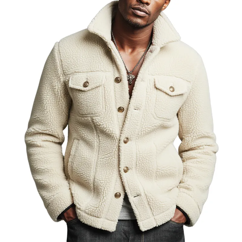 Men's Urban Style Off-white Fleece Button-up Slim-fit Jacket MTA2541K5U made by Manly