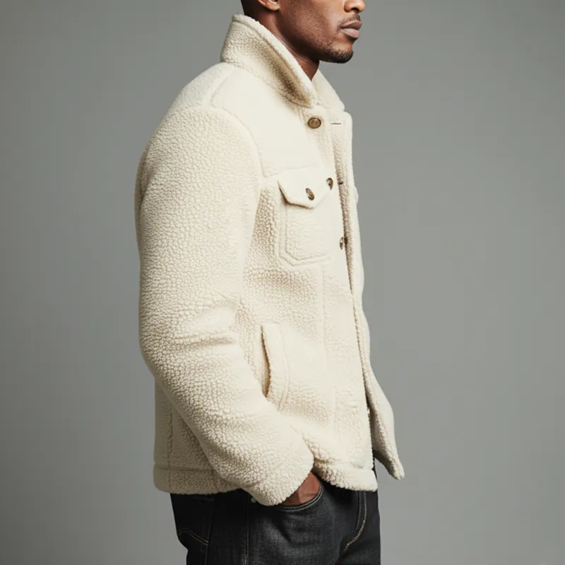 Men's Urban Style Off-white Fleece Button-up Slim-fit Jacket MTA2541K5U sold by Manly product image thumbnail 3