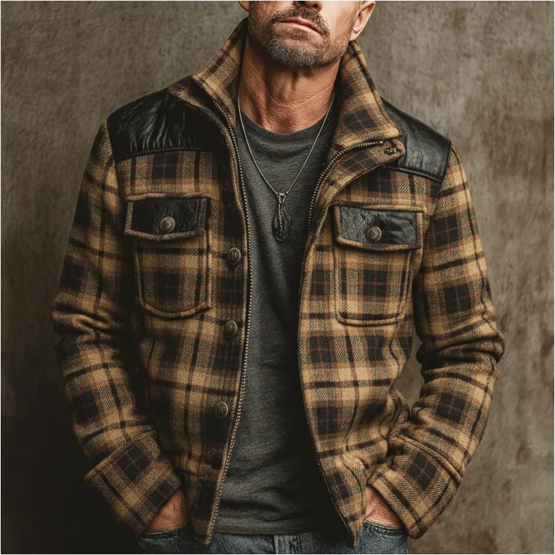 Men's Urban Plaid Faux Wool Blend And PU Leather Patchwork Stand-collar Jacket MTA2548K5U sold by Manly product image thumbnail 2