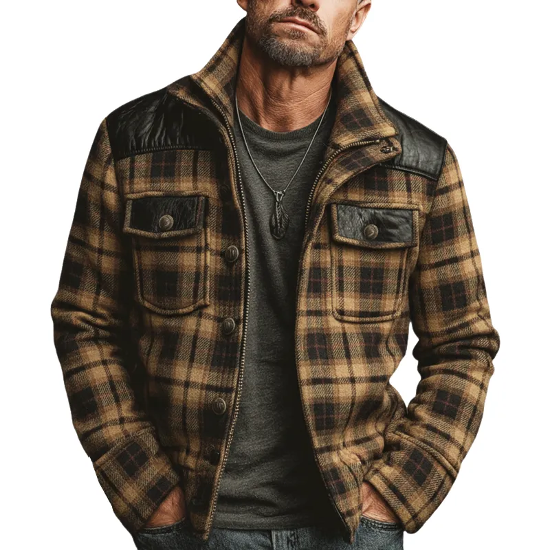 Men's Urban Plaid Faux Wool Blend And PU Leather Patchwork Stand-collar Jacket MTA2548K5U sold by Manly