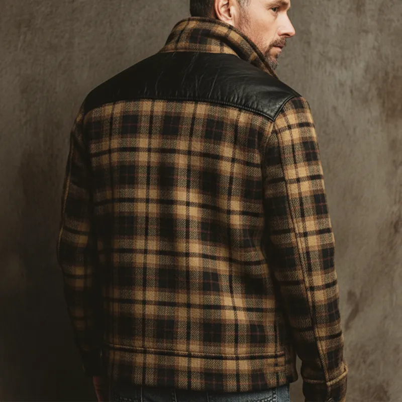 Men's Urban Plaid Faux Wool Blend And PU Leather Patchwork Stand-collar Jacket MTA2548K5U sold by Manly product image thumbnail 4