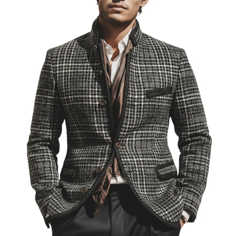 Men's Urban Gray Plaid Stand Collar Button Slim Fit Jacket MTA2472K8U sold by Manly