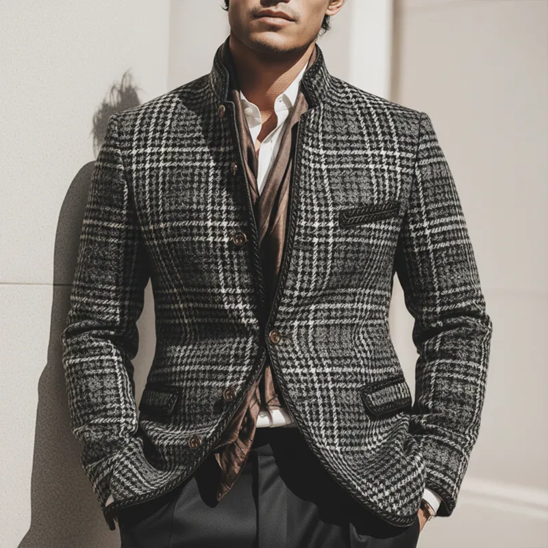 Men's Urban Gray Plaid Stand Collar Button Slim Fit Jacket MTA2472K8U sold by Manly product image thumbnail 2