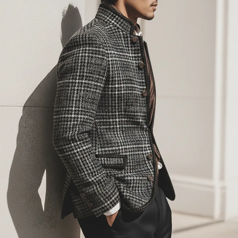 Men's Urban Gray Plaid Stand Collar Button Slim Fit Jacket MTA2472K8U sold by Manly product image thumbnail 3