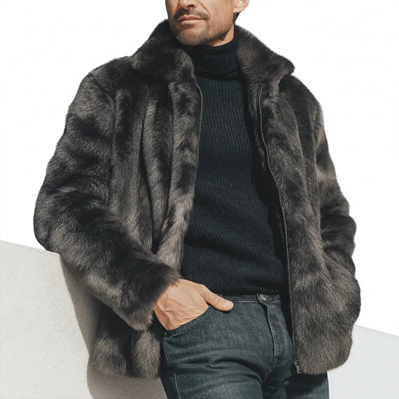 Men's Urban Style Lapel Zip-up Warm Dark Gray Faux Mink Fur Jacket MTA2584K6U sold by Manly