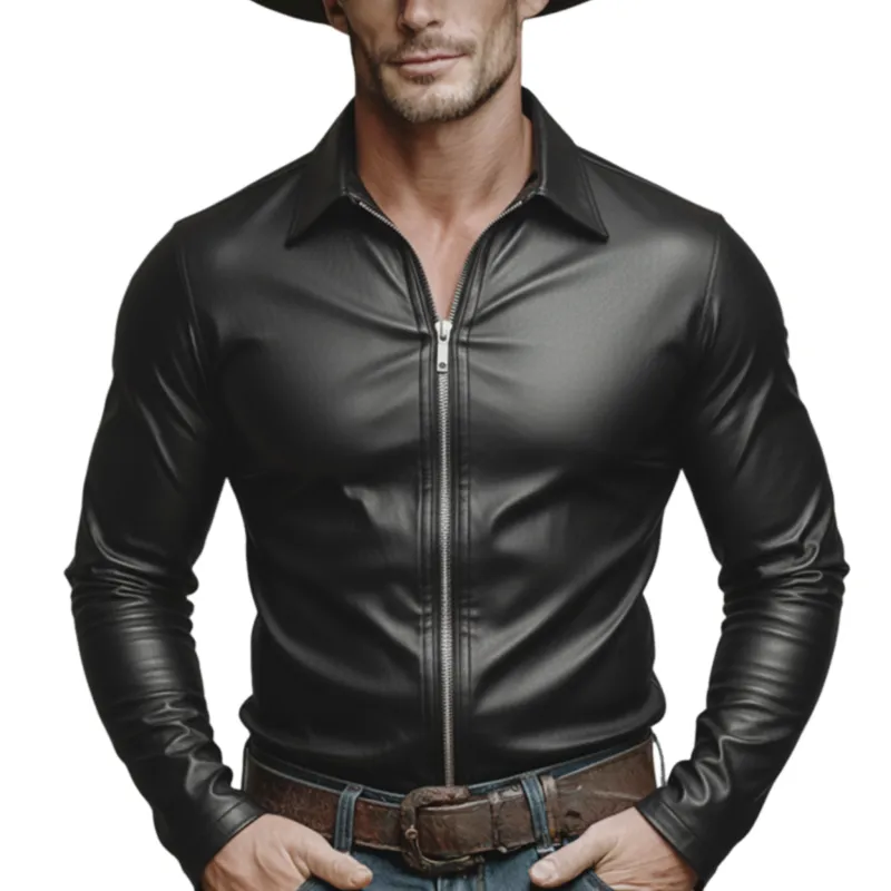 Men's Classic Casual Lapel Zipper PU Leather Slim Fit Long-Sleeve Shirt MTA2539K8K sold by Manly