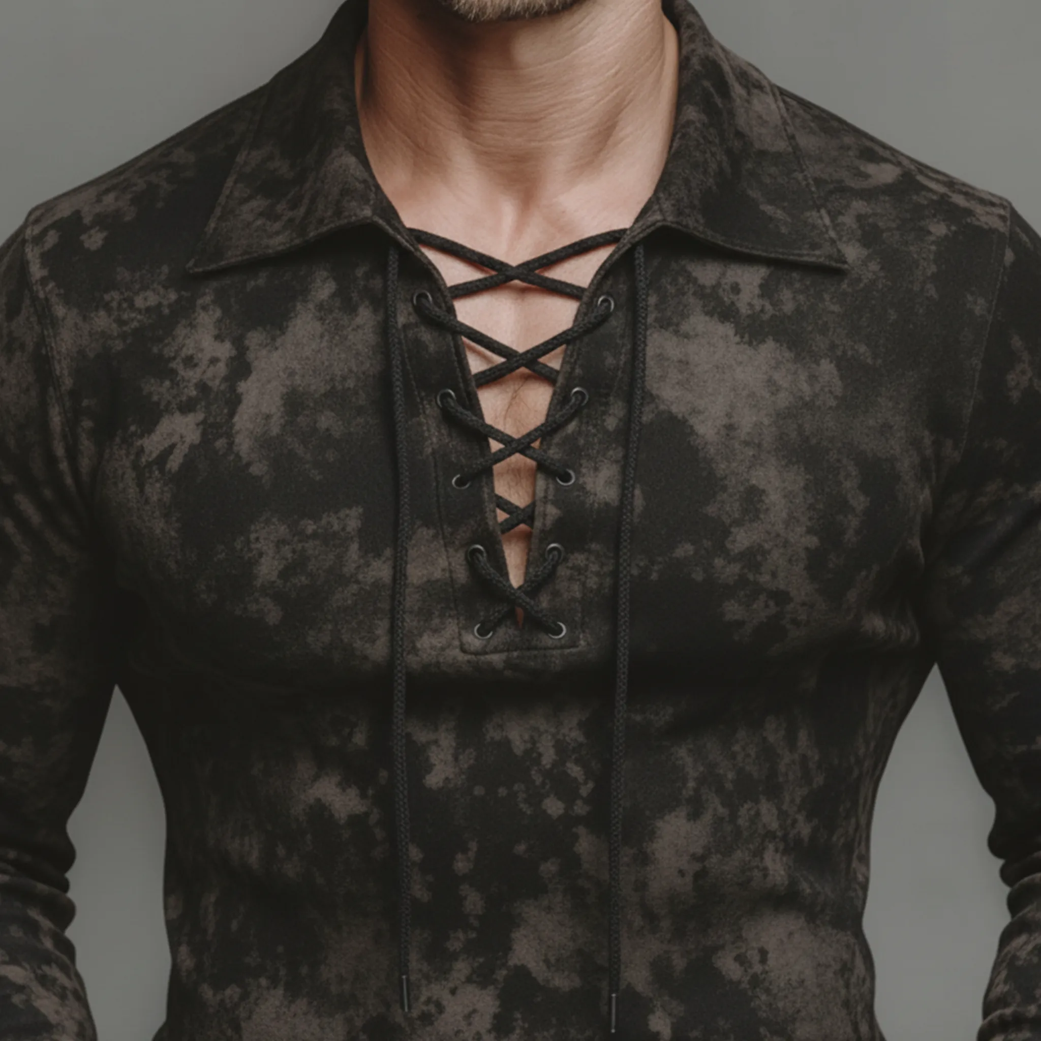 Men's Classic Casual V-Neck Tie-Waist Printed Faux Suede Slim Fit Long-Sleeve T-Shirt MTA2576K5K sold by Manly product image thumbnail 3