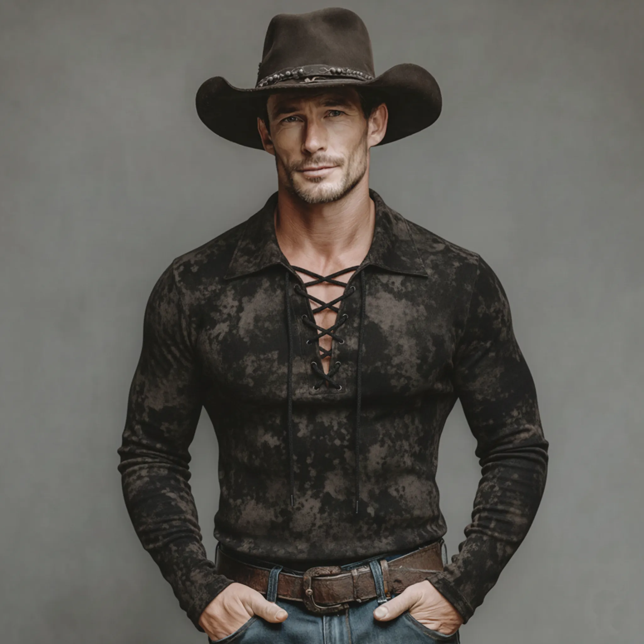 Men's Classic Casual V-Neck Tie-Waist Printed Faux Suede Slim Fit Long-Sleeve T-Shirt MTA2576K5K sold by Manly product image thumbnail 2