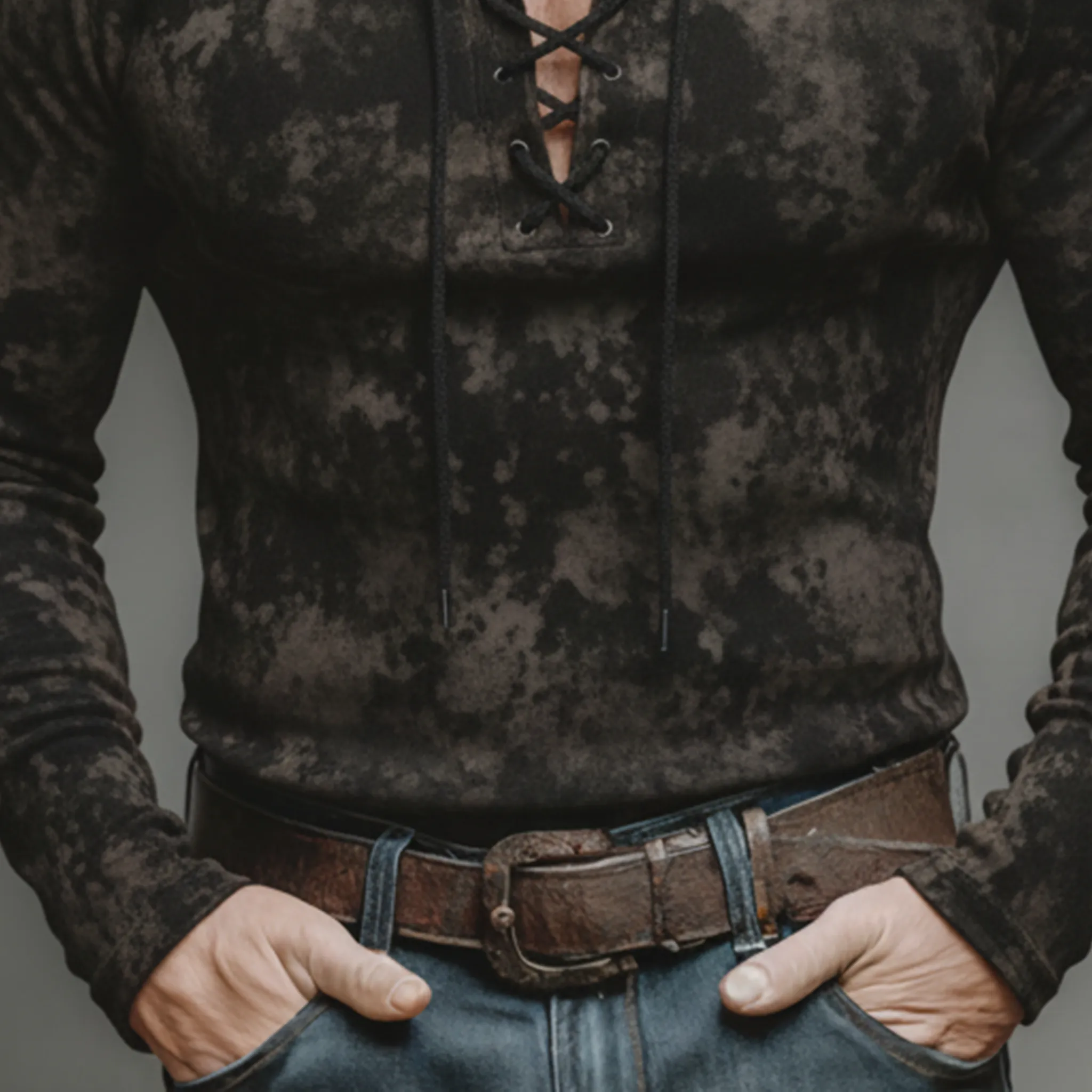 Men's Classic Casual V-Neck Tie-Waist Printed Faux Suede Slim Fit Long-Sleeve T-Shirt MTA2576K5K sold by Manly product image thumbnail 4