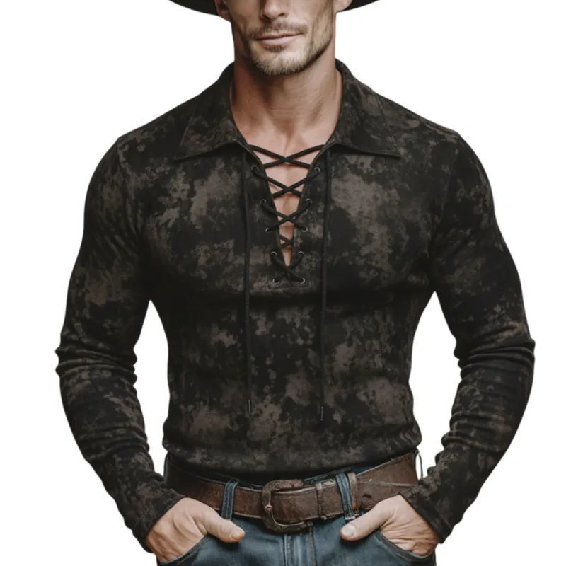 Men's Classic Casual V-Neck Tie-Waist Printed Faux Suede Slim Fit Long-Sleeve T-Shirt MTA2576K5K sold by Manly