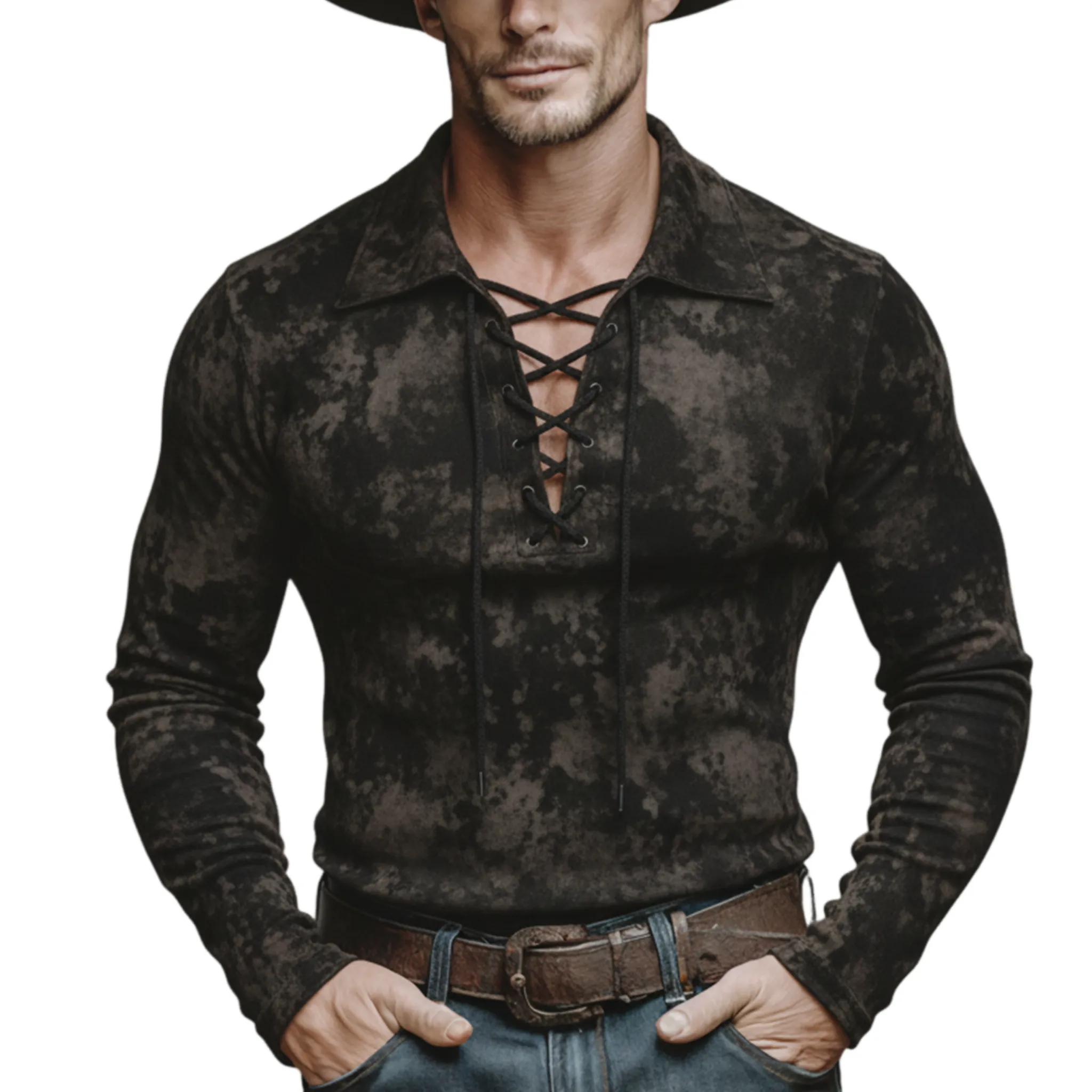 Men's Classic Casual V-Neck Tie-Waist Printed Faux Suede Slim Fit Long-Sleeve T-Shirt MTA2576K5K sold by Manly