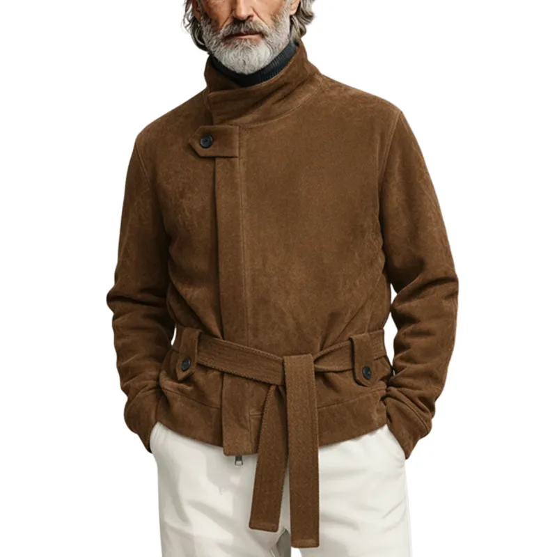 Men's Classic Retro Stand-up Collar Zip-up Slanted Placket Faux Suede Jacket (including Belt) MTA2590K9K sold by Manly