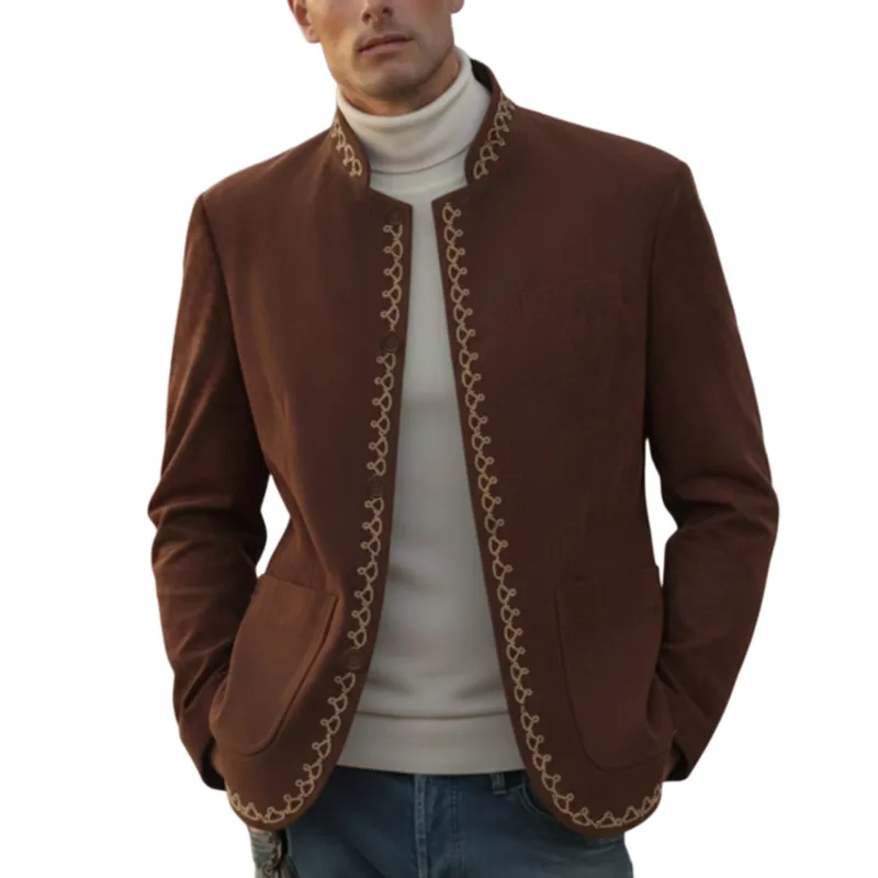 Men's Classic Retro Stand-up Collar Embroidered Faux Suede Jacket MTA2582K1K sold by Manly