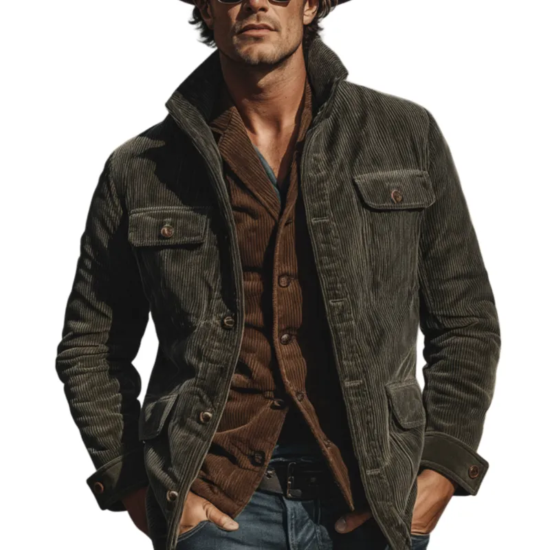 Men's Classic Retro Western Style Stand-up Collar Corduroy Jacket MTA2501K1K sold by Manly