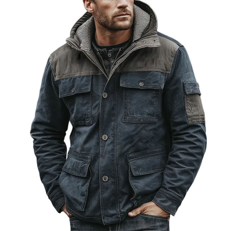 Men's Retro Casual Cotton Washed Hooded Multi-Pocket Zipper Jacket MTA2478K2TO sold by Manly