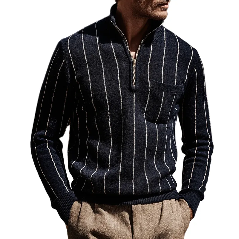 Men's Retro Casual Knit Striped Stand Collar Zipper Sweater MTA2495K8TO sold by Manly