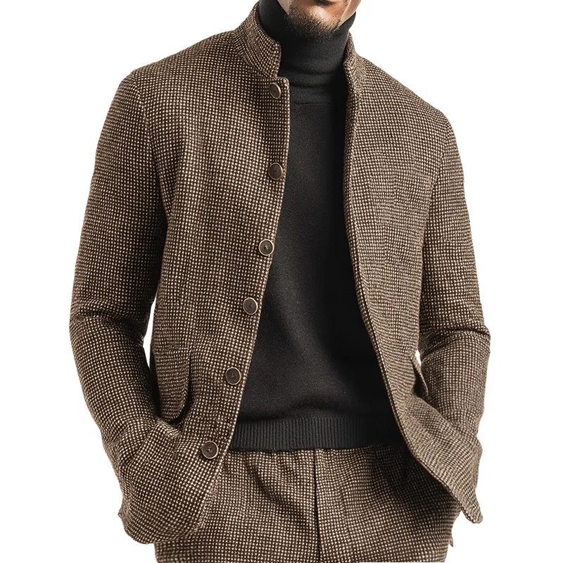Men's Retro Casual Tweed Plaid Stand Collar Jacket MTA2472K8TO sold by Manly