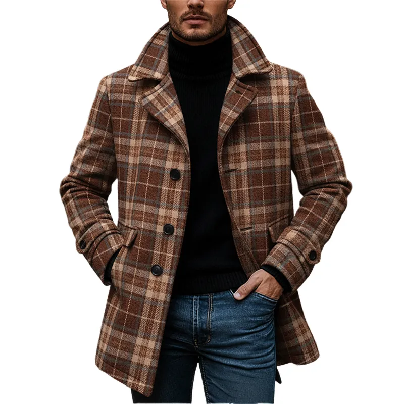 Men's Brushed Plaid Jacquard Lapel Mid-length Coat MTA2440K4X sold by Manly