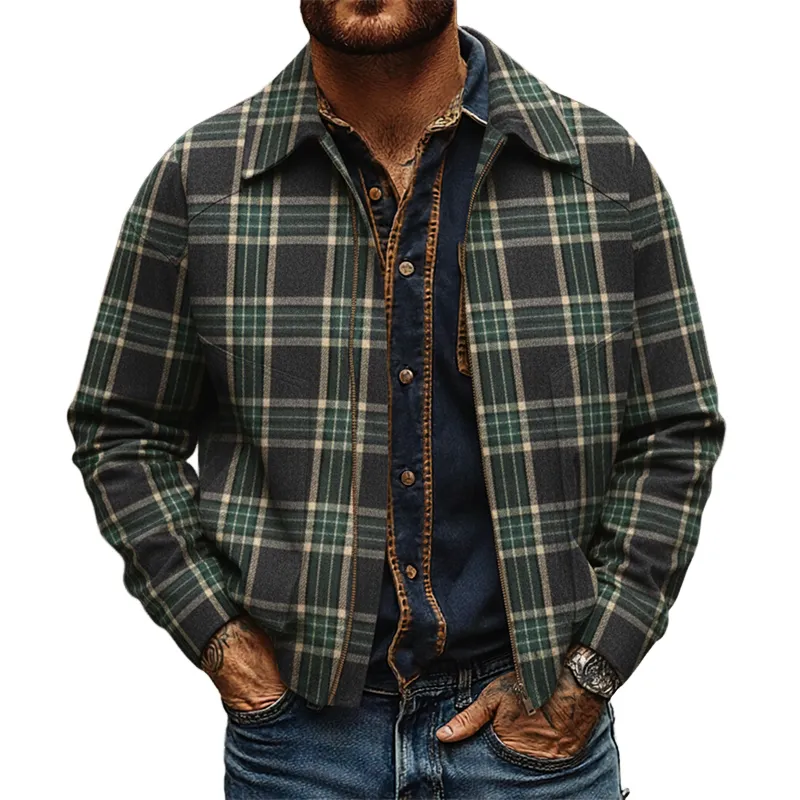 Men's Retro Brushed Plaid Lapel Zip-Up Jacket MTA2466K0X sold by Manly