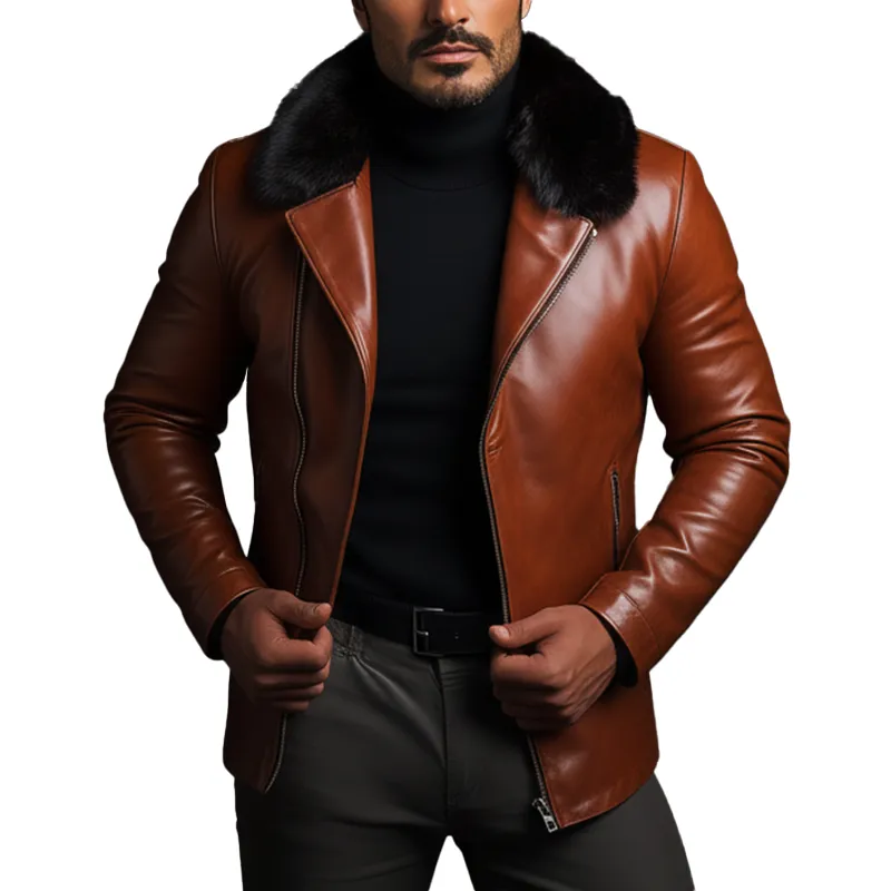 Men's Winter Retro PU Faux Fur Collar Zipper Jacket MTA2876K0P sold by Manly