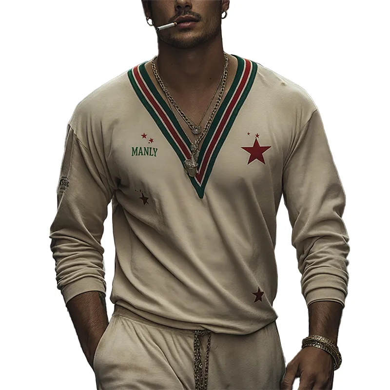 Men's Retro Print Cotton Blend V-Neck Long Sleeve T-Shirt MTA2961K7P sold by Manly