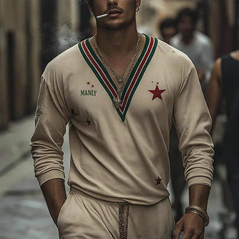 Men's Retro Print Cotton Blend V-Neck Long Sleeve T-Shirt MTA2961K7P sold by Manly product image thumbnail 2