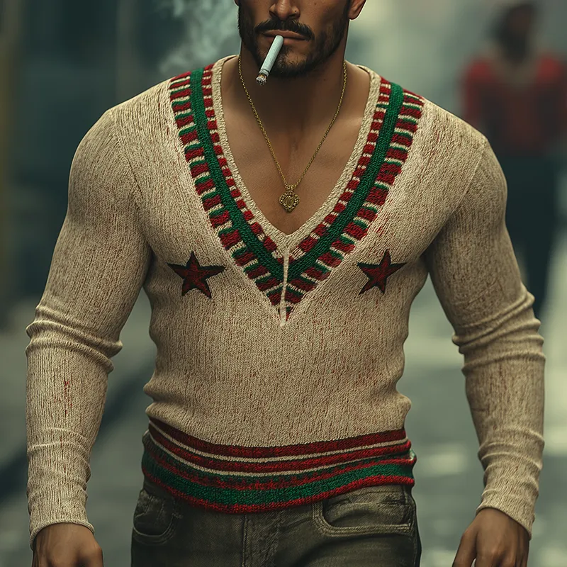 Men's Winter Retro Cotton Yarn Knitted Jacquard V-Neck Sweater MTA2983K9P sold by Manly product image thumbnail 2