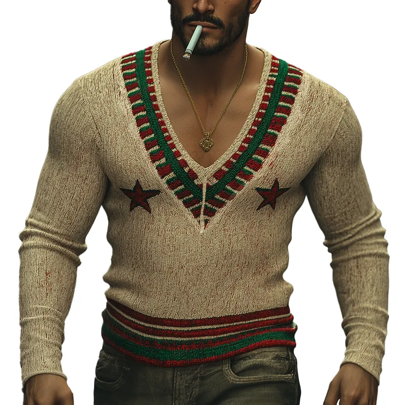 Men's Winter Retro Cotton Yarn Knitted Jacquard V-Neck Sweater MTA2983K9P sold by Manly