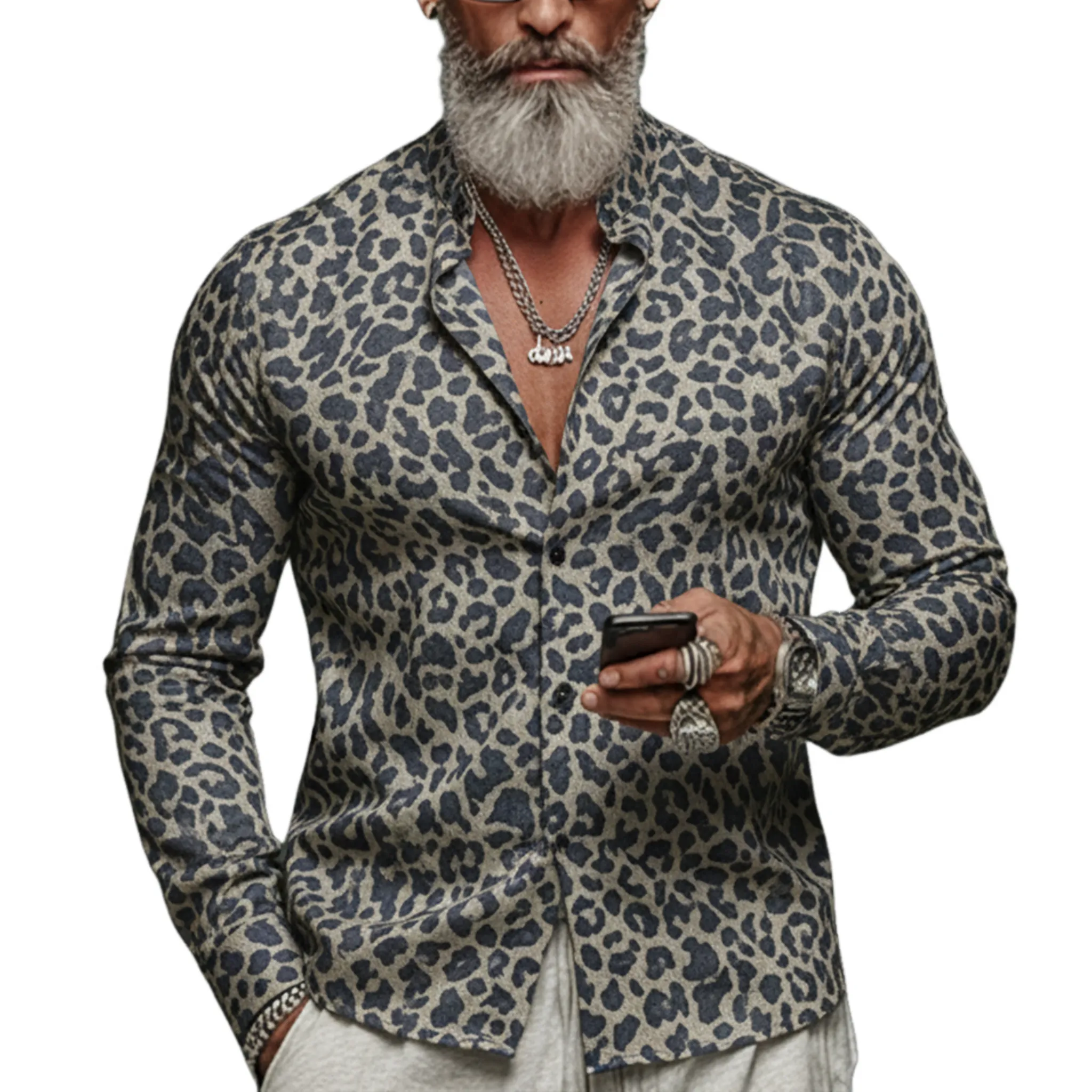 Men's Classic Casual Rugged Denim Jacquard Leopard Print Long-sleeved Shirt MTA3061K4K sold by Manly