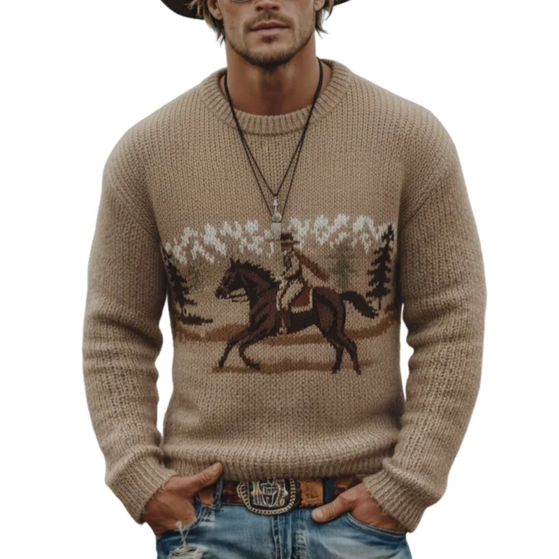 Men's Classic Retro Western Style Jacquard Crew Neck Sweater MTA3029K0K made by Manly