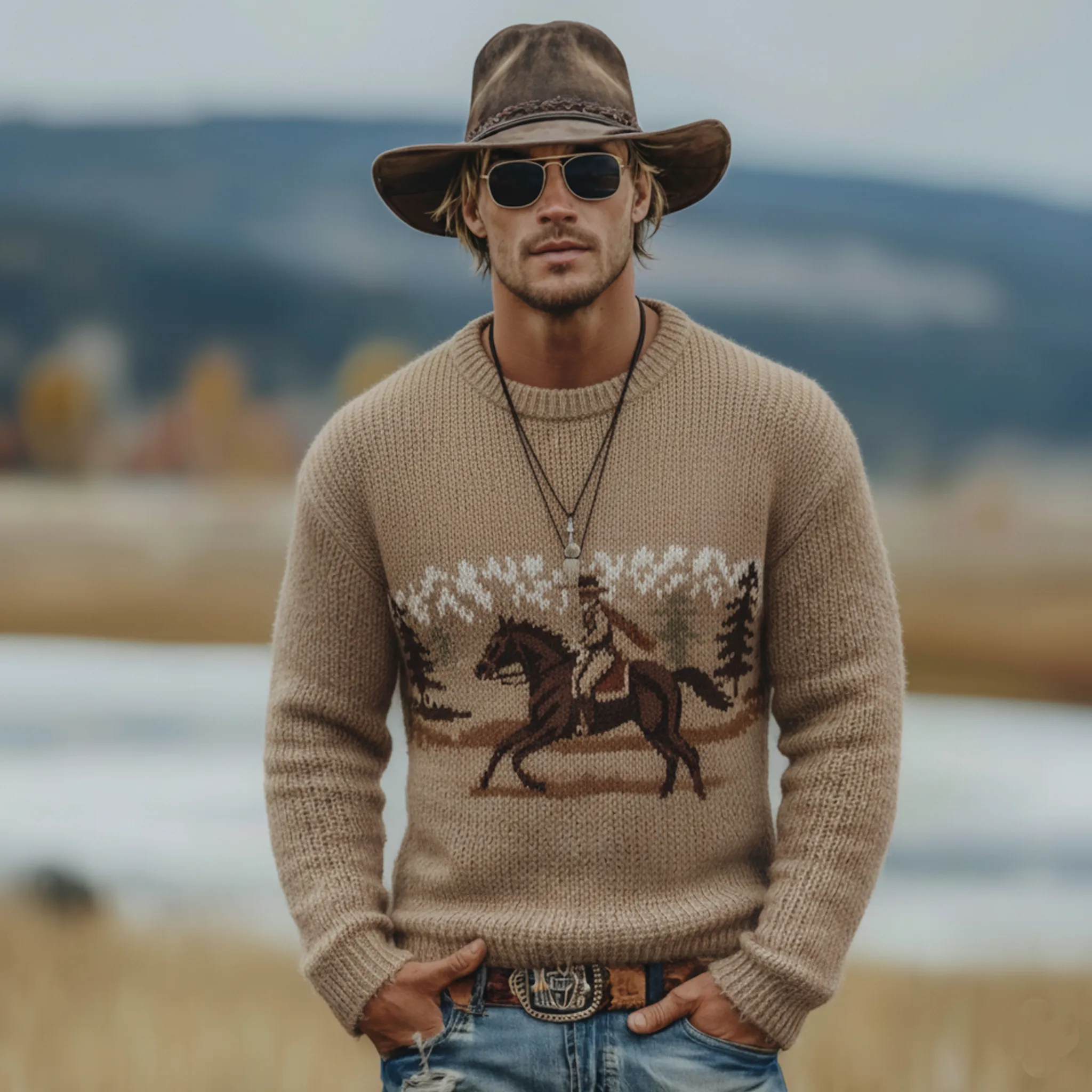 Men's Classic Retro Western Style Jacquard Crew Neck Sweater MTA3029K0K sold by Manly product image thumbnail 2