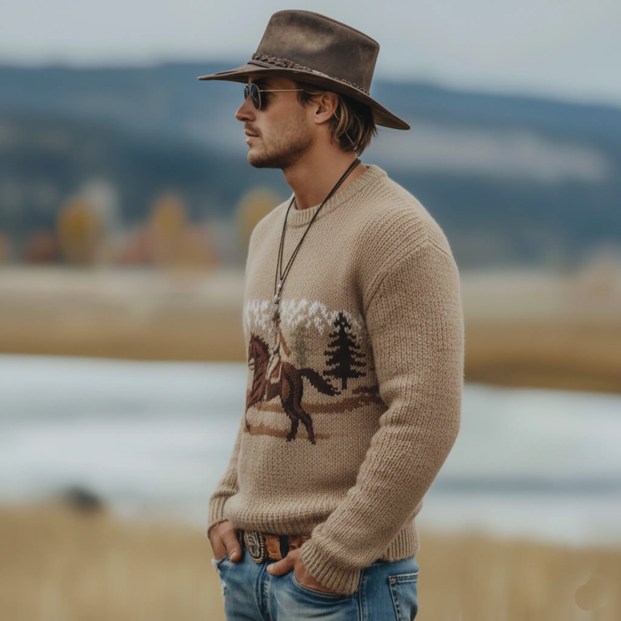 Men's Classic Retro Western Style Jacquard Crew Neck Sweater MTA3029K0K sold by Manly product image thumbnail 3