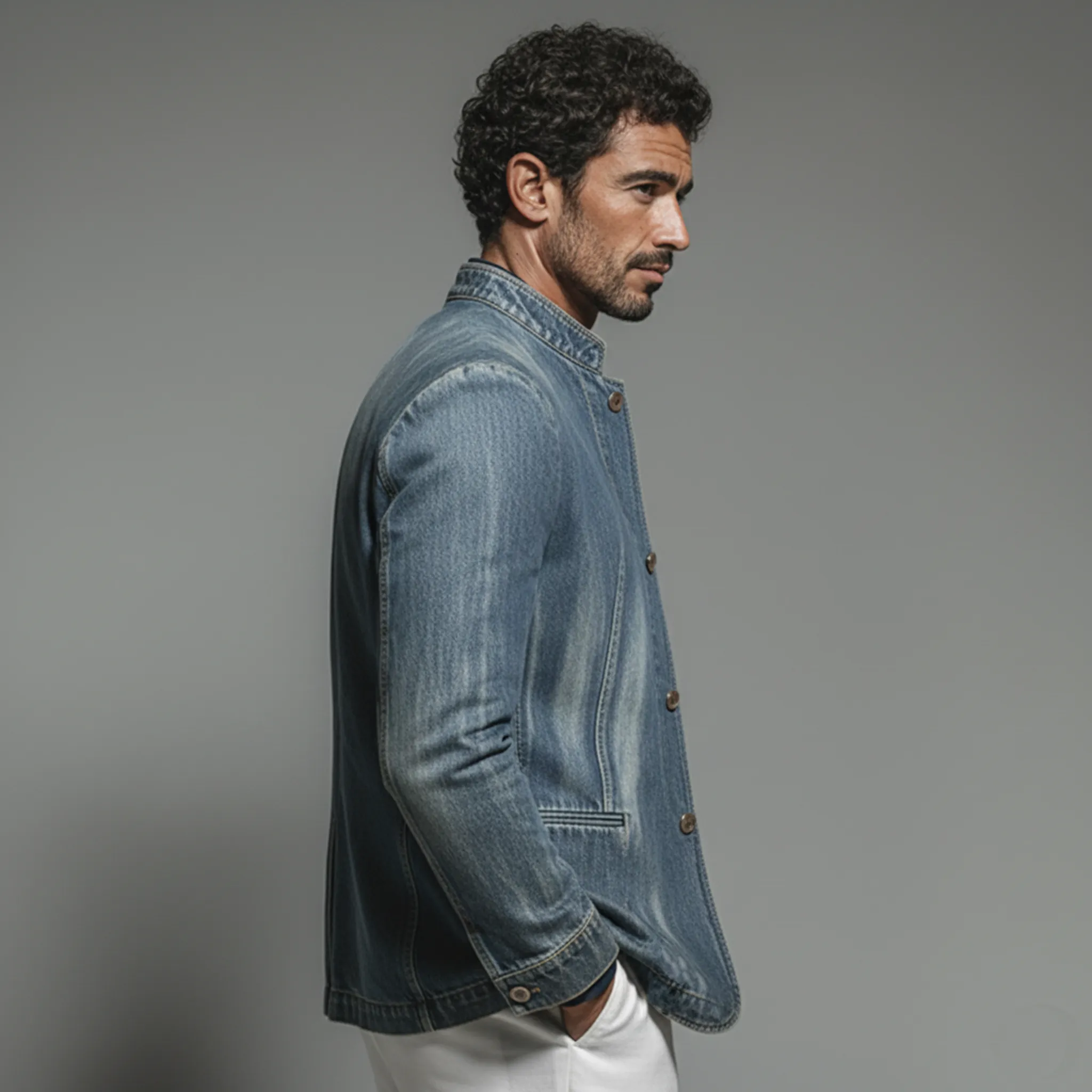 Men's Classic Retro Stand-up Collar Washed Denim Single-breasted Jacket MTA3021K4K sold by Manly product image thumbnail 3