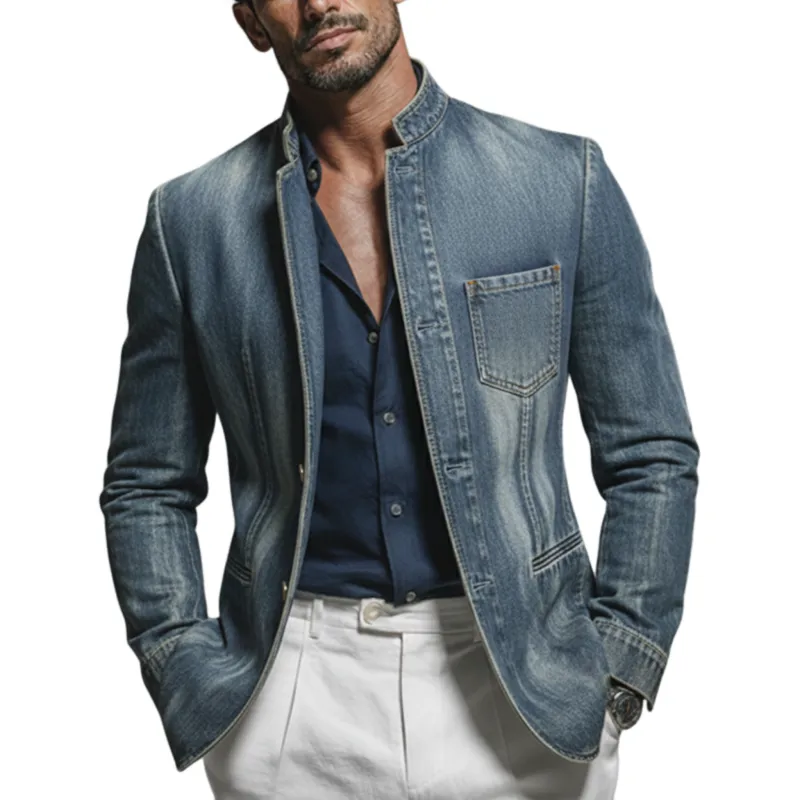 Men's Classic Retro Stand-up Collar Washed Denim Single-breasted Jacket MTA3021K4K sold by Manly