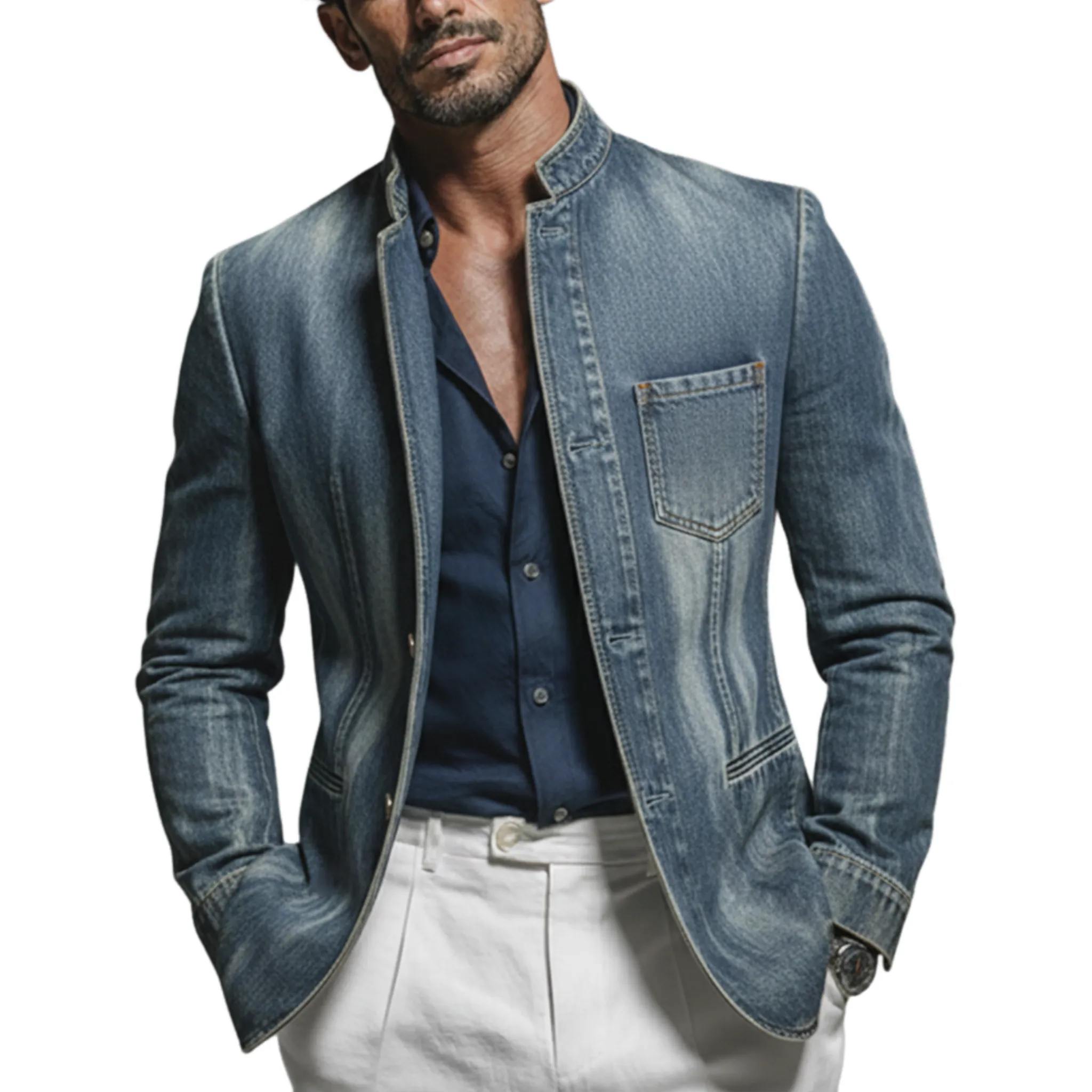 Men's Classic Retro Stand-up Collar Washed Denim Single-breasted Jacket MTA3021K4K sold by Manly