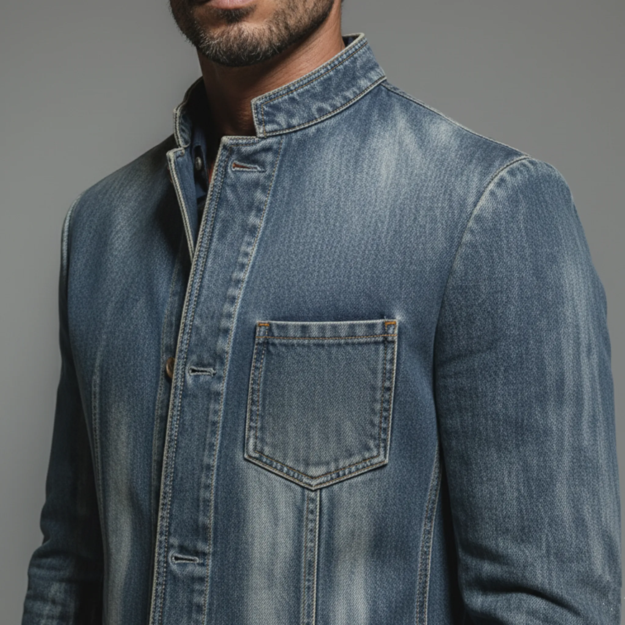 Men's Classic Retro Stand-up Collar Washed Denim Single-breasted Jacket MTA3021K4K sold by Manly product image thumbnail 5